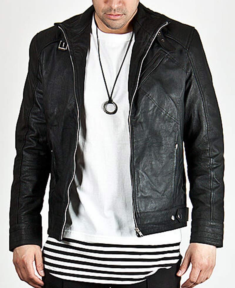 Men's Diagonal Zipper Belted Collar Leather Jacket