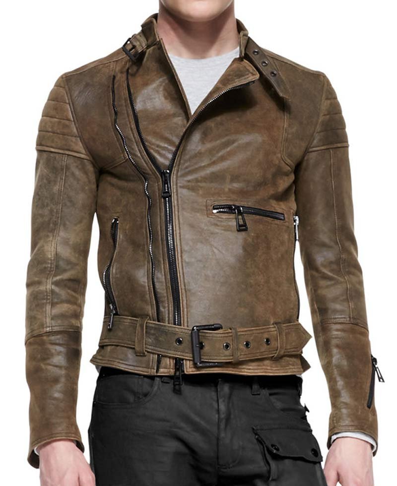 Men's Distressed Brown Belted Leather Jacket