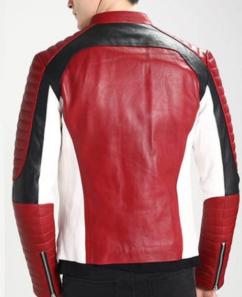 Men's White and Red Leather Motorcycle Jacket