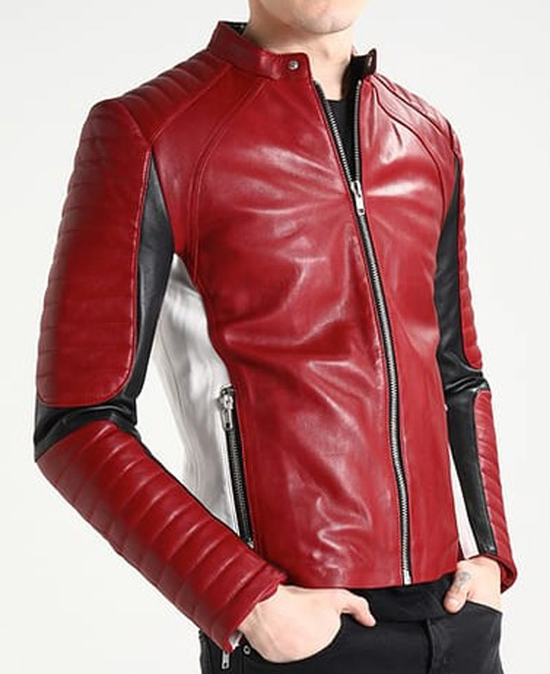 Men's White and Red Leather Motorcycle Jacket