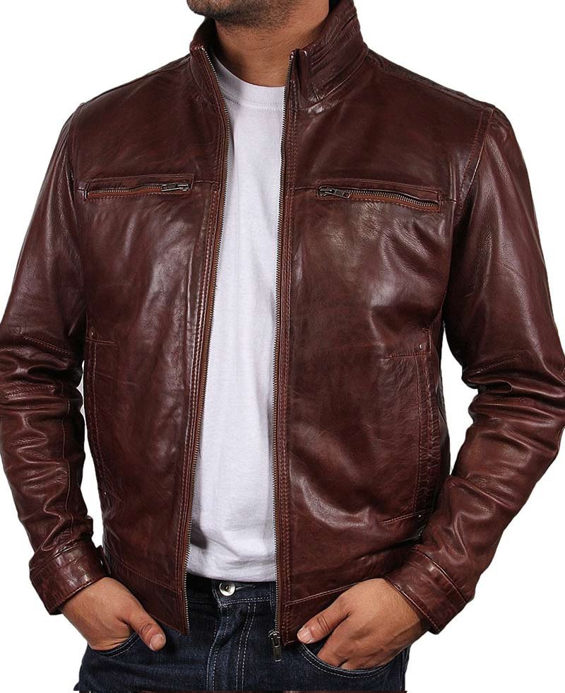 Men's Motorcycle Stand Up Collar Brown Real Leather Jacket
