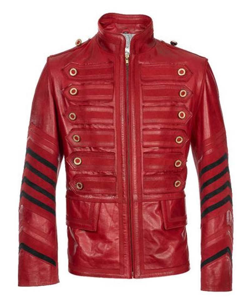 Men's Military Moto Style Red Leather Jacket