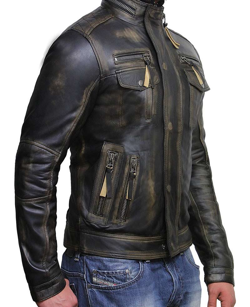Men's Vintage Biker Style Waxed Black Leather Jacket