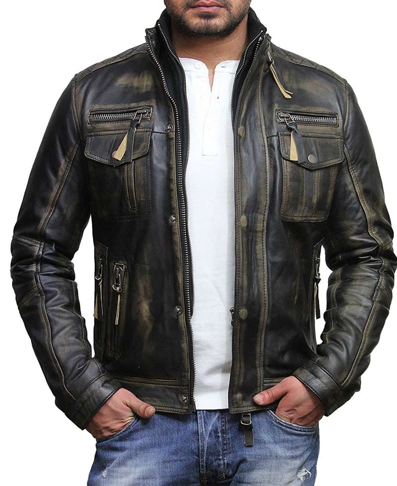 Men's Vintage Biker Style Waxed Black Leather Jacket