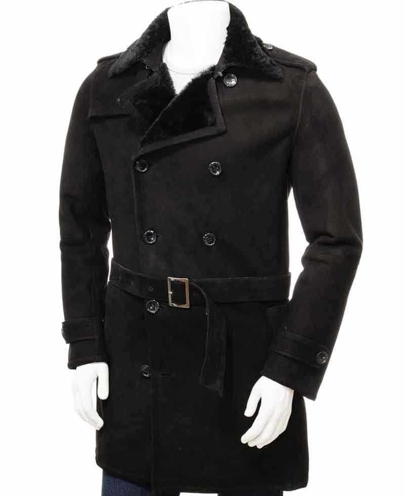 Men's Double Breasted Suede Black Coat