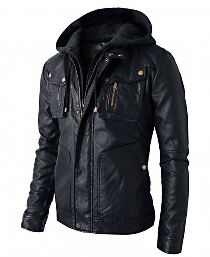 Men's Biker Style Faux Black Leather Jacket with Hood