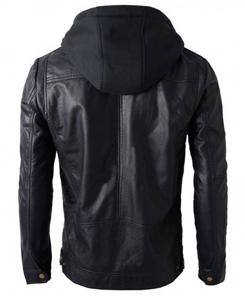 Men's Biker Style Faux Black Leather Jacket with Hood