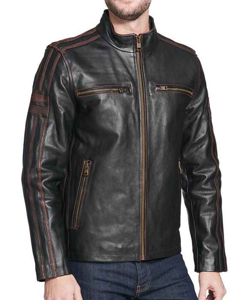 Men S Antique Brown Striped Cycle Black Rivet Leather Jacket Jackets