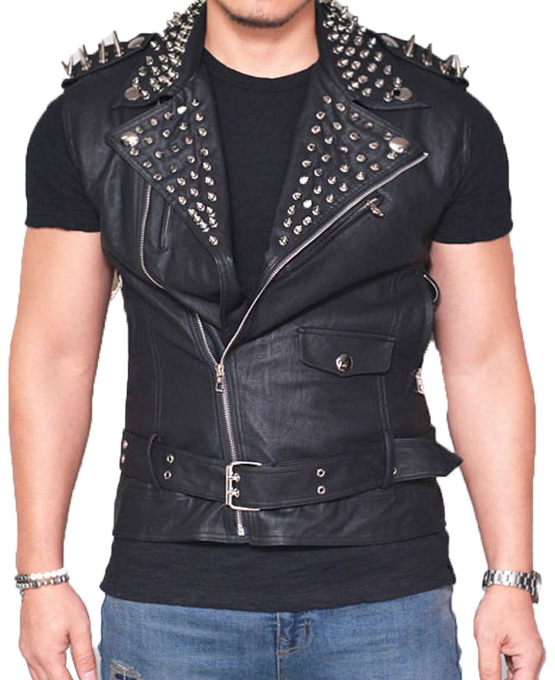 Men's Belted Studded Black Leather Vest