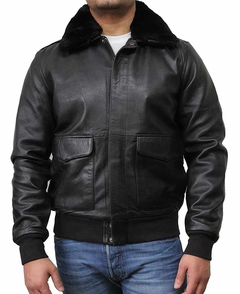 Men's Classic Style Black Leather Bomber Jacket with Fur Collar