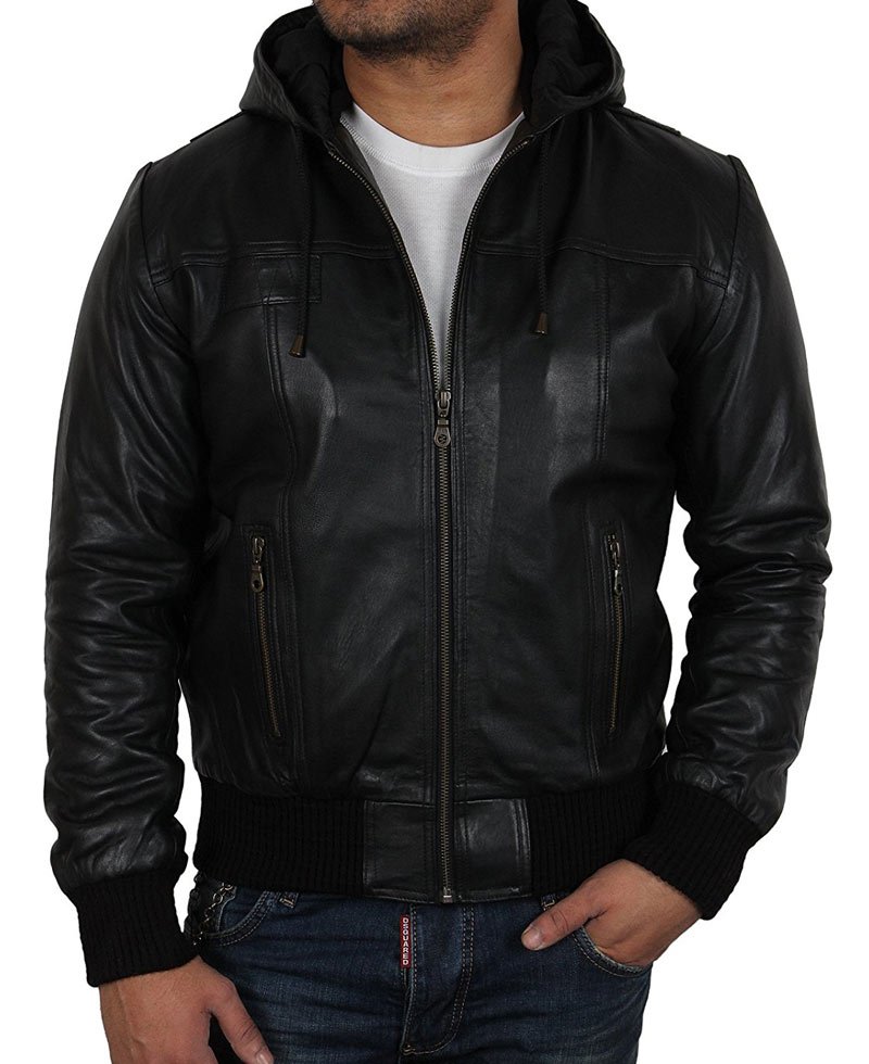 Men's Casual Bomber Black Leather Hooded Jacket