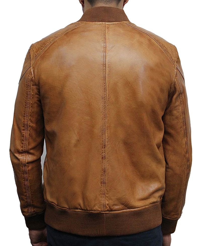 Men's Tan Brown Lambskin Leather Bomber Jacket