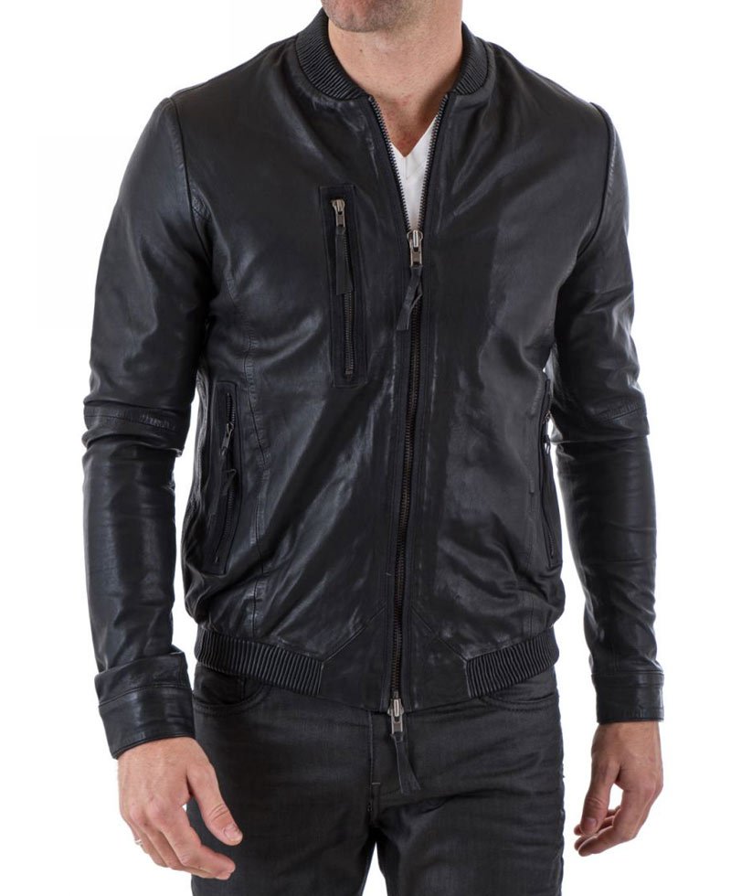 Men's Bomber Style Casual Black Leather Jacket
