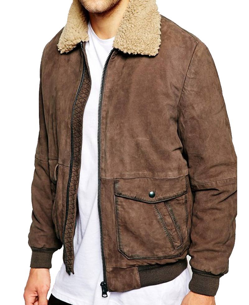 Men's Bomber Wrangler Leather Jacket with Fur Collar