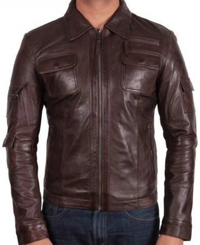 Men's Shirt Collar Brown Leather Biker Jacket