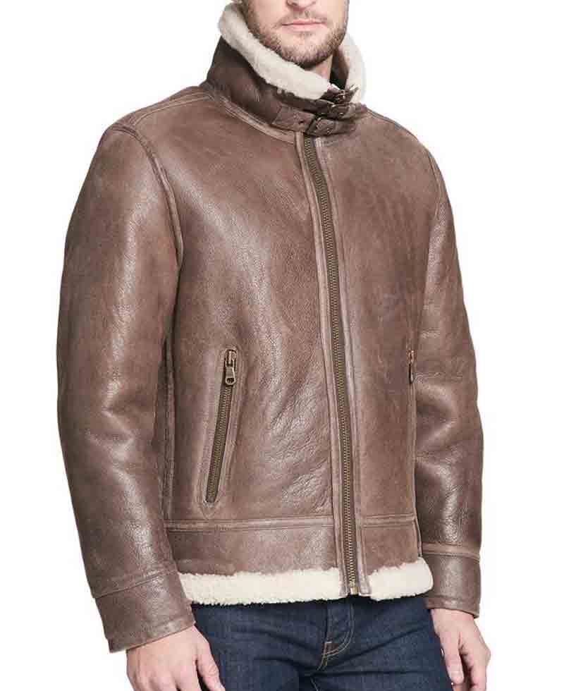 Mens Buckle Collar High Neck Style Shearling Rugged Leather Jacket S Jackets