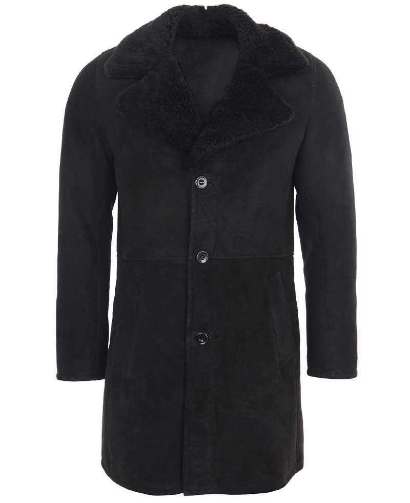 Men's Button Closure Black Suede Shearling Coat