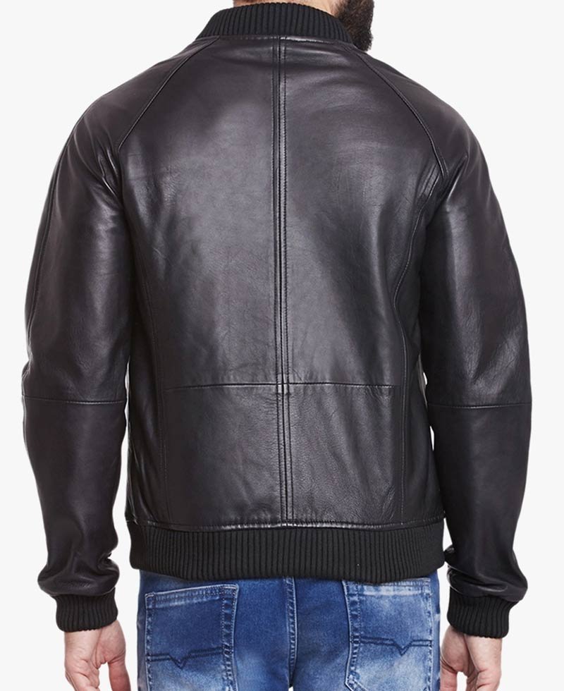 Men's Casual Bomber Solid Black Leather Jacket
