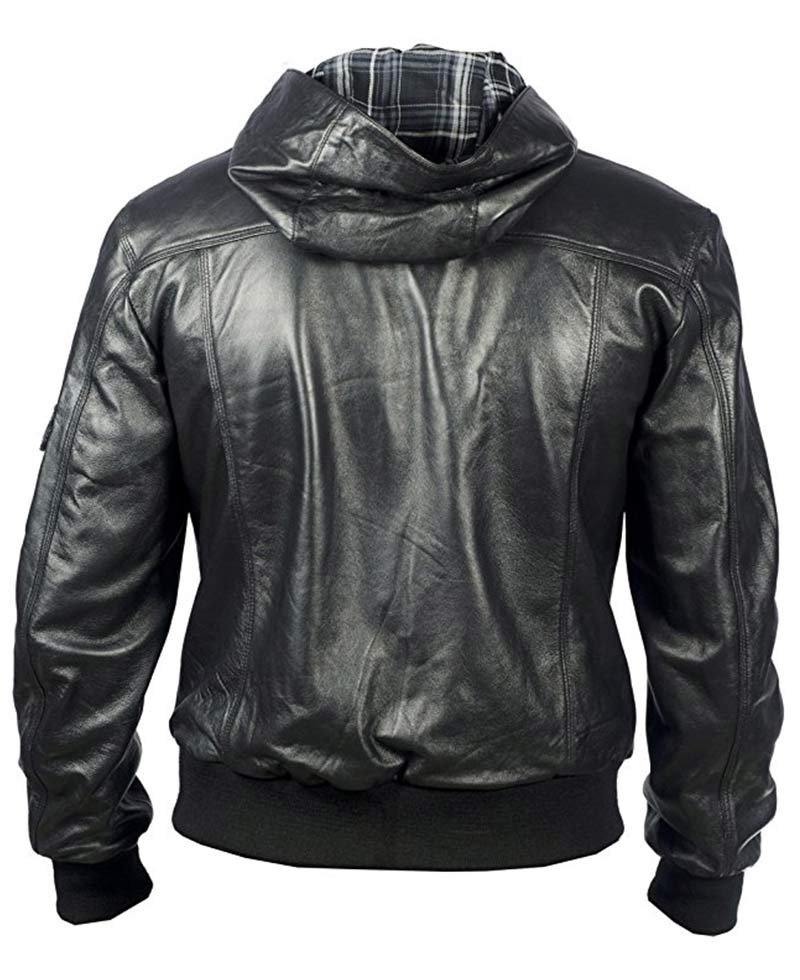 Men's Casual Black Leather Bomber Jacket Hoodie