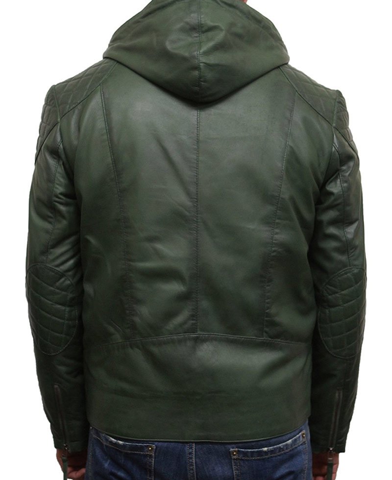 Men's Casual Zip Up Green Leather Hoodie