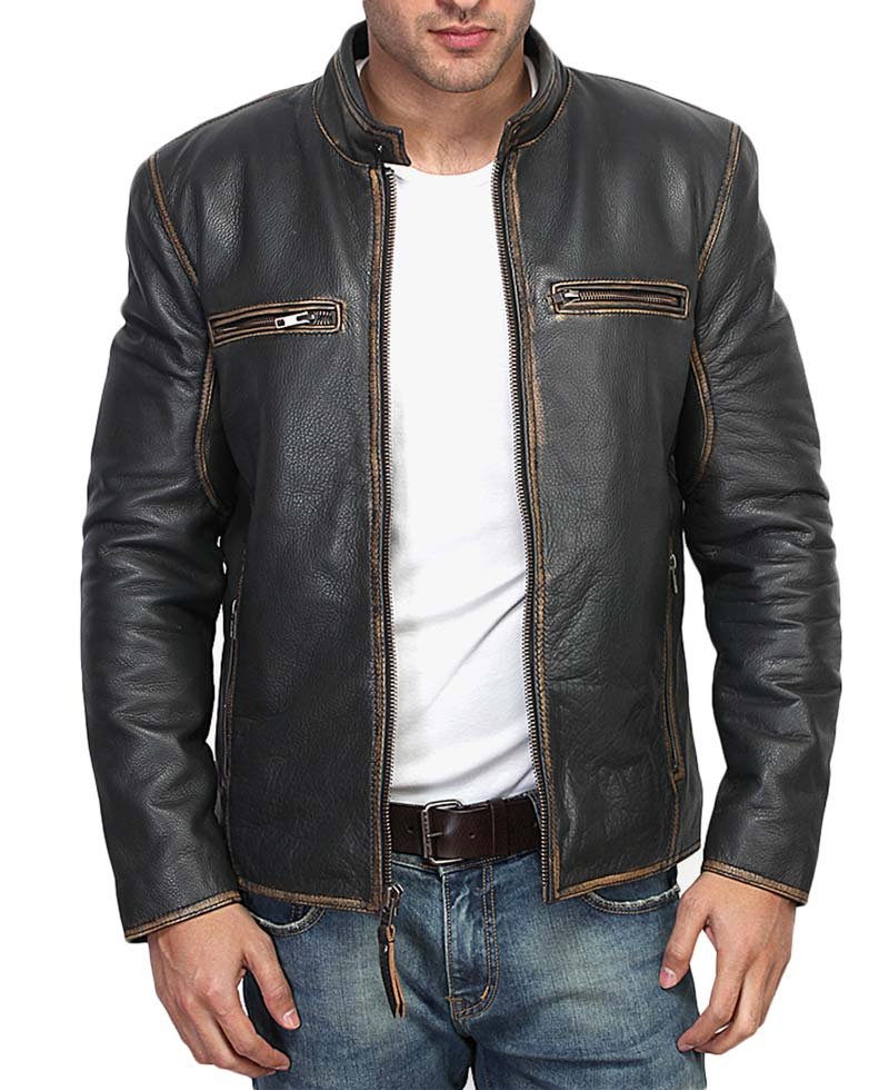 Men's Snap Button Casual Black Leather Moto Jacket