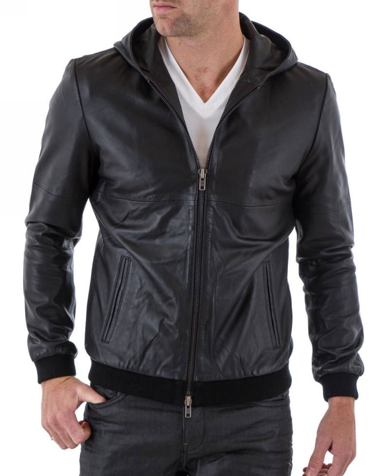Men's Casual Black Hooded Leather Jacket