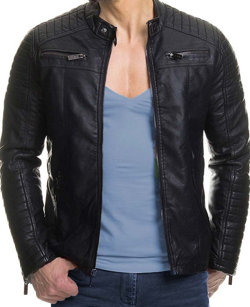 Men's Casual Slim Fit Padded Black Leather Jacket