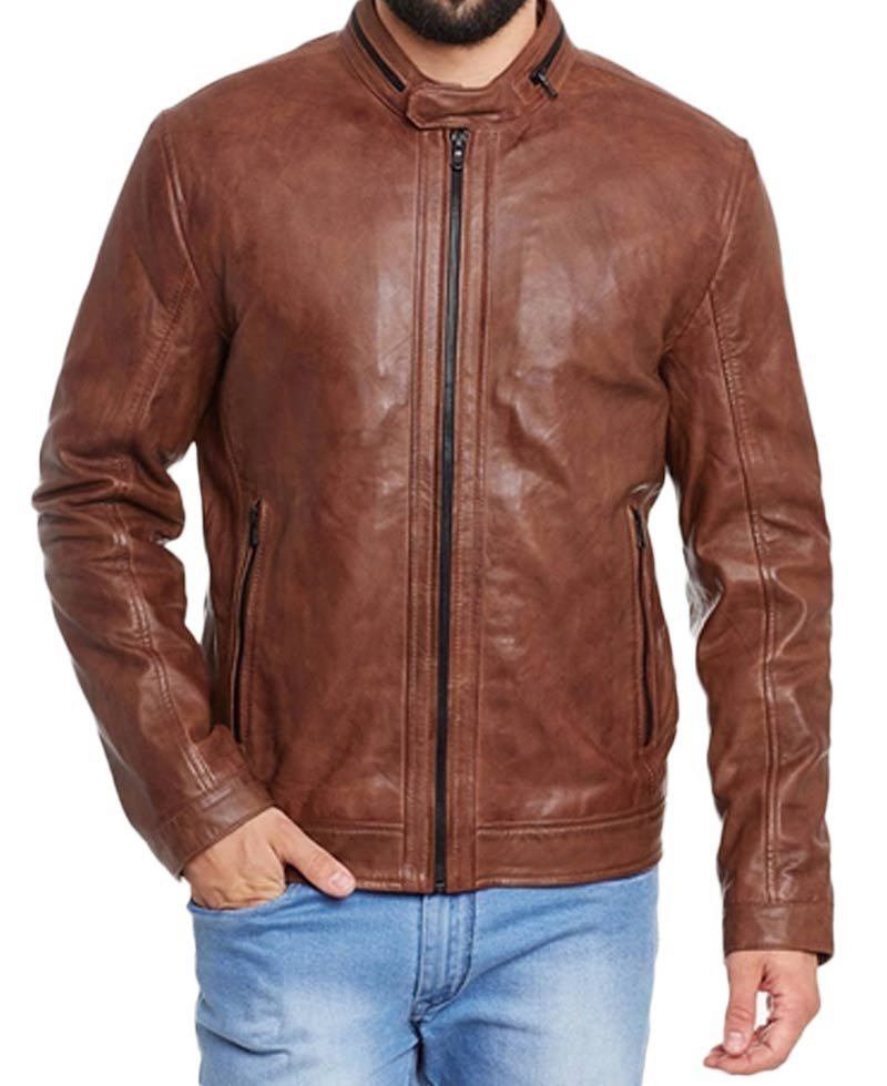 Men's Casual Zipper Collar Brown Leather Jacket