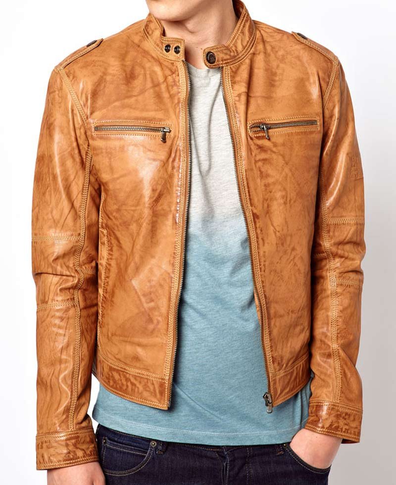 Men's Casual Distressed Brown Leather Moto Jacket