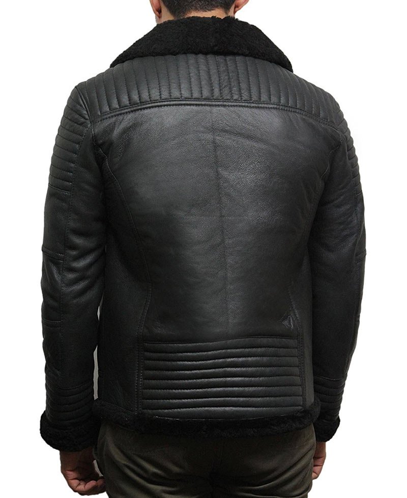 Men's Padded Sleeves Casual Black Leather Sheepskin Jacket