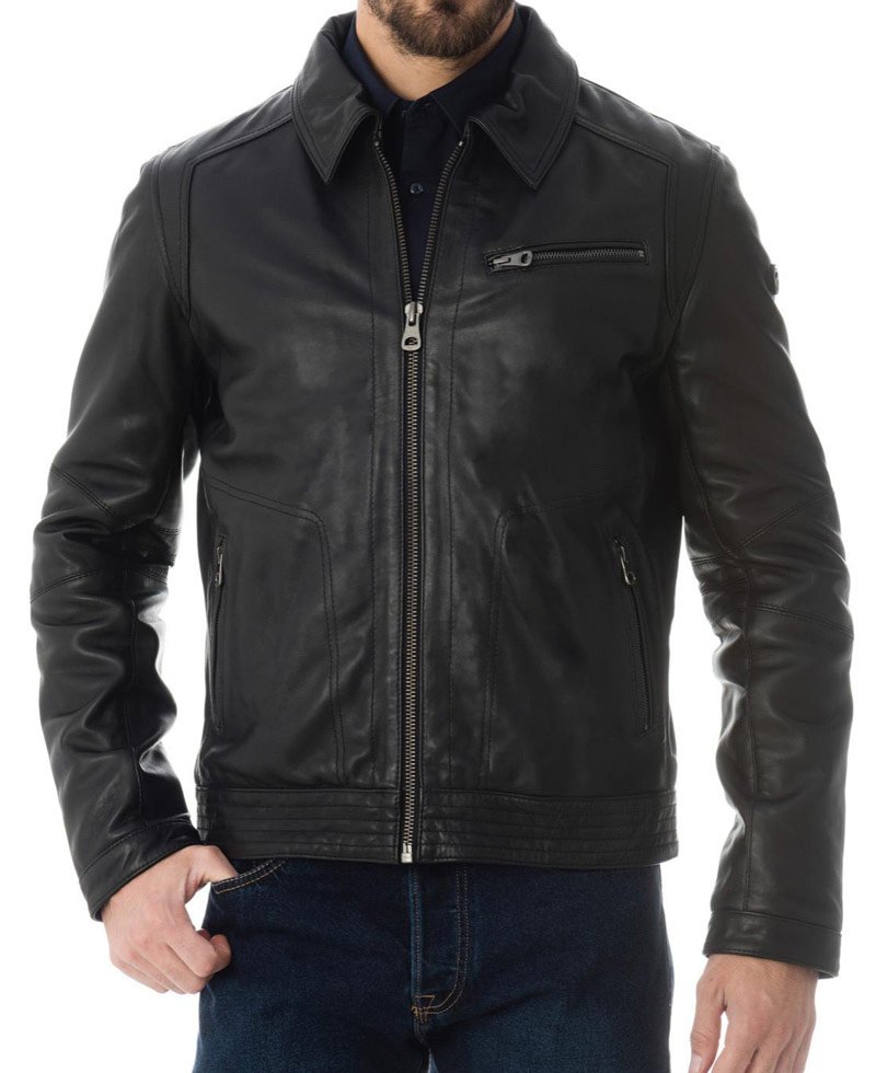 Men's Shirt Collar Casual Wear Black Leather Jacket