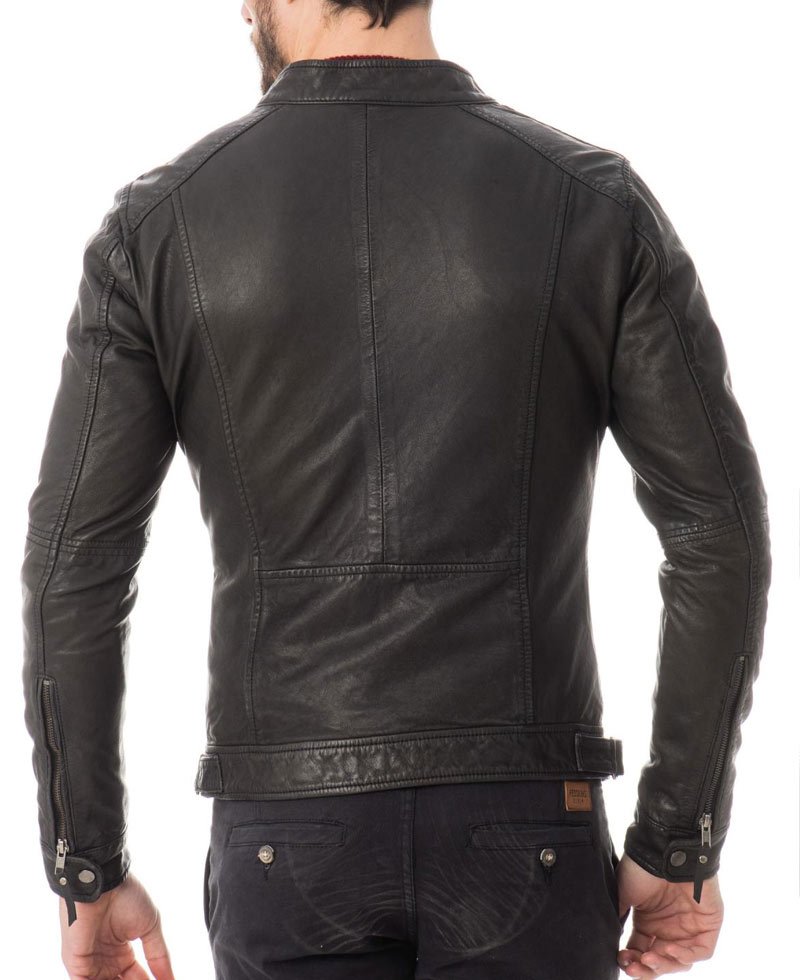 Men's Snap Tab Collar Casual Wear Zipper Black Leather Jacket