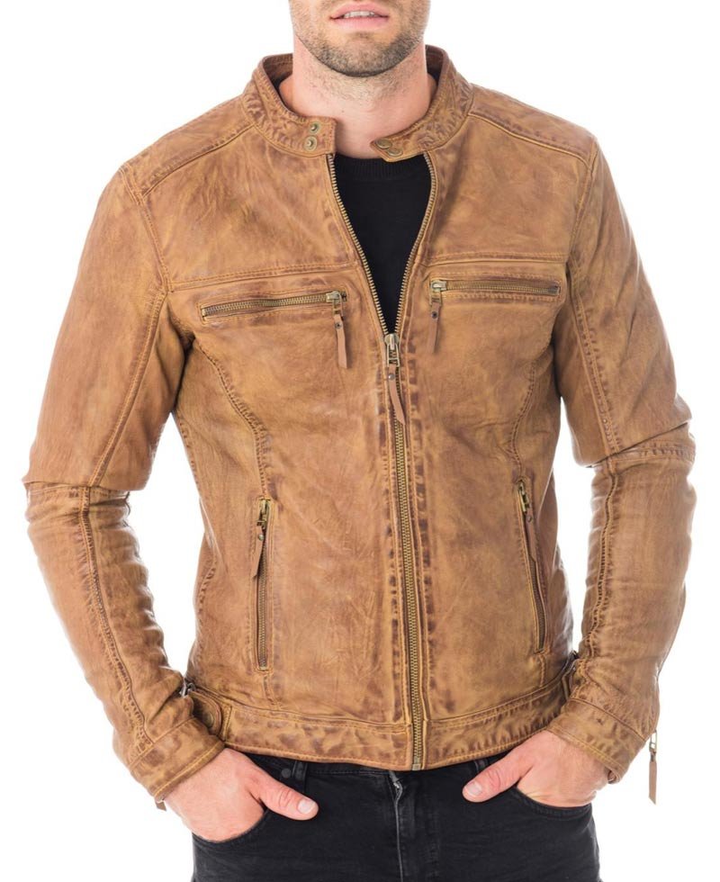 Men's Snap Tab Collar Casual Waxed Tan Brown Leather Jacket