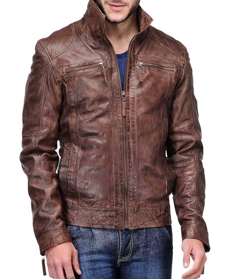 Biker Style Men's Distressed Leather Brown Jacket