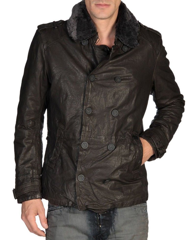 Men's Double Breasted Brown Fur Leather Jacket