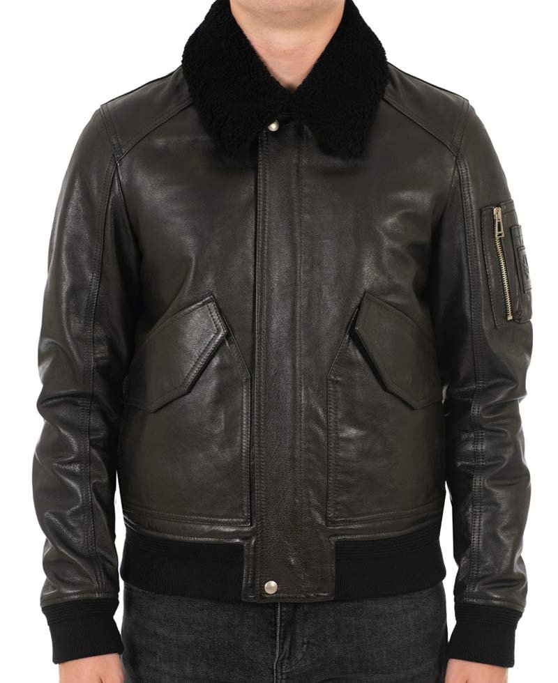 Men's Designer Bomber Black Leather Fur Collar Jacket