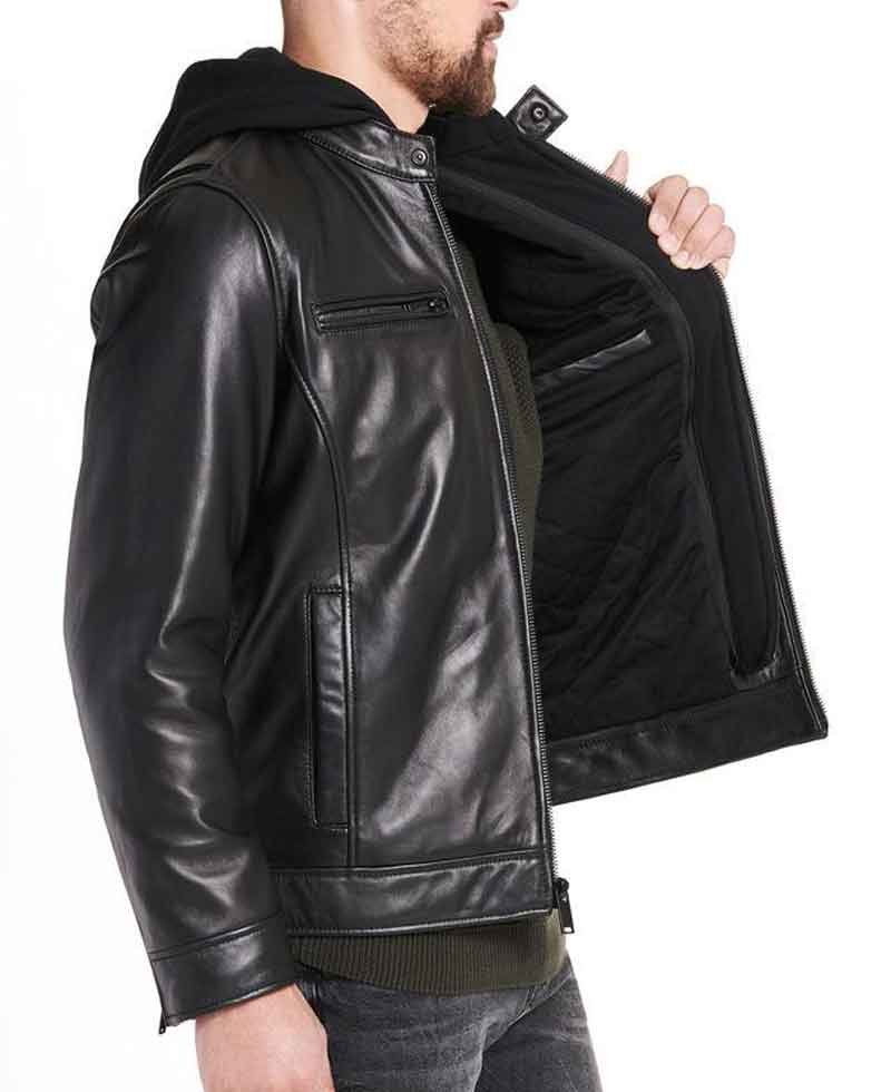 Men's Designer Smooth Black Leather Jacket with Hoodie