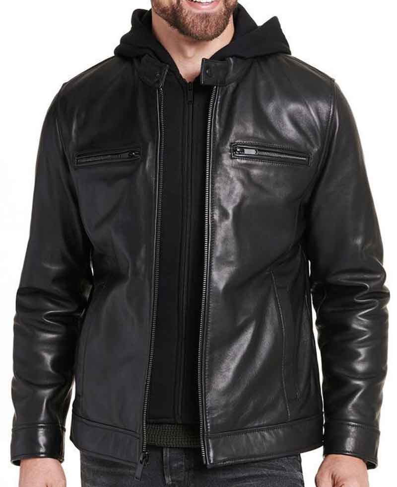 Men's Designer Smooth Black Leather Jacket with Hoodie