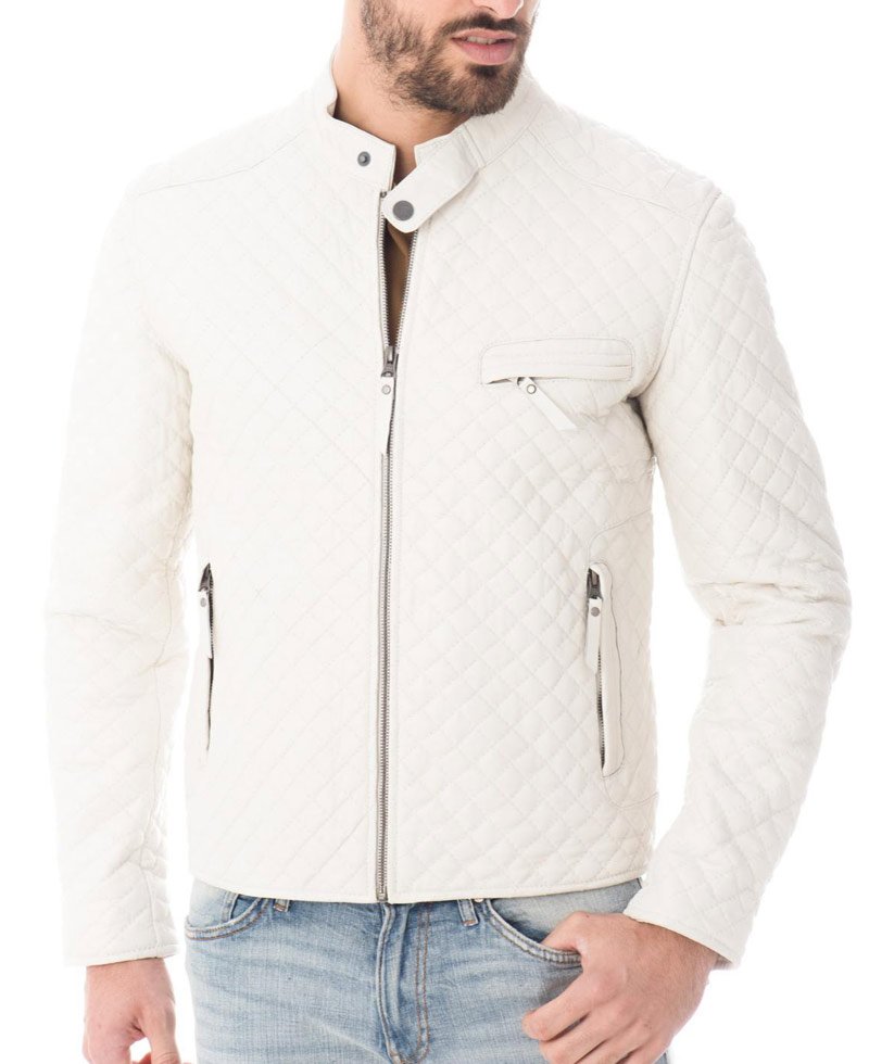 Men's Designer Diamond Quilted White Leather Jacket