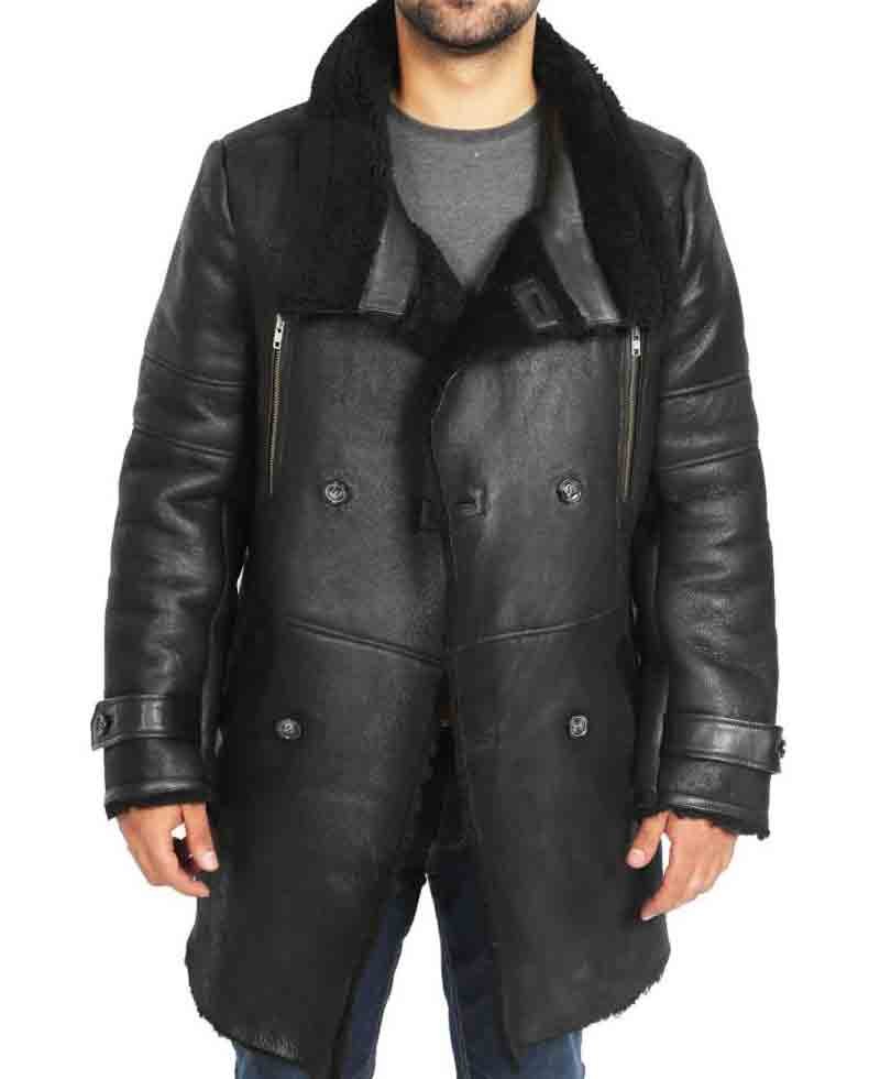 Men's Double Breasted Shearling Black Leather Sheepskin Coat