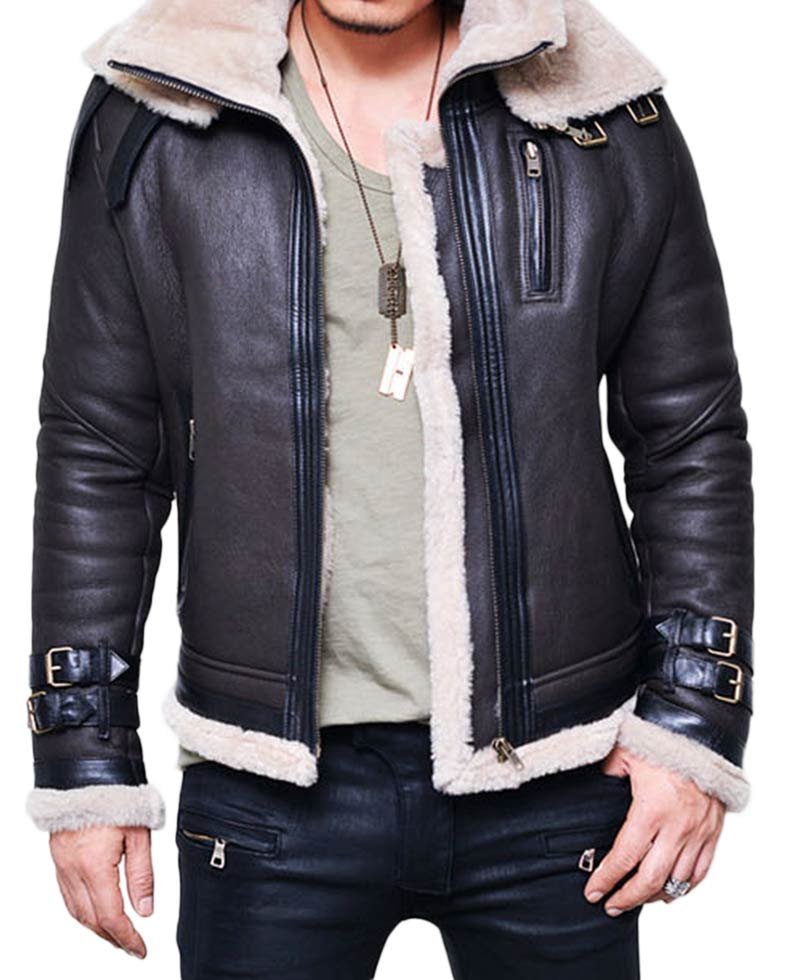 Men's Sheepskin Shearling Double Collar Leather Jacket