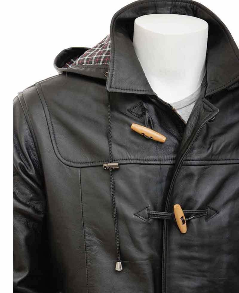Men's Duffle Black Leather Coat