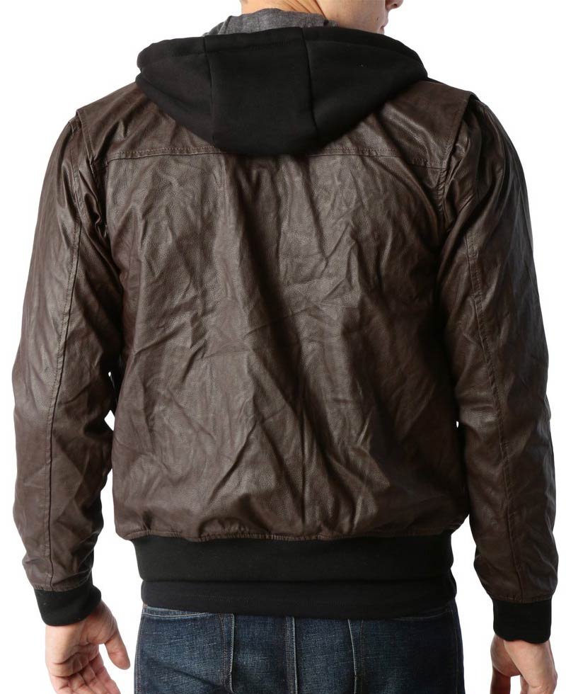 Men's Biker Faux Leather Zip Up Hoodie Jacket