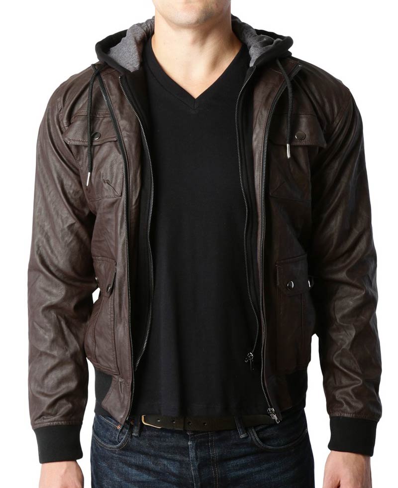 Mens Faux Leather Moto Jacket Detachable Hood S Jackets