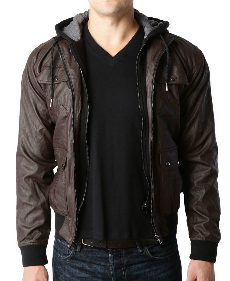 Men's Biker Faux Leather Zip Up Hoodie Jacket