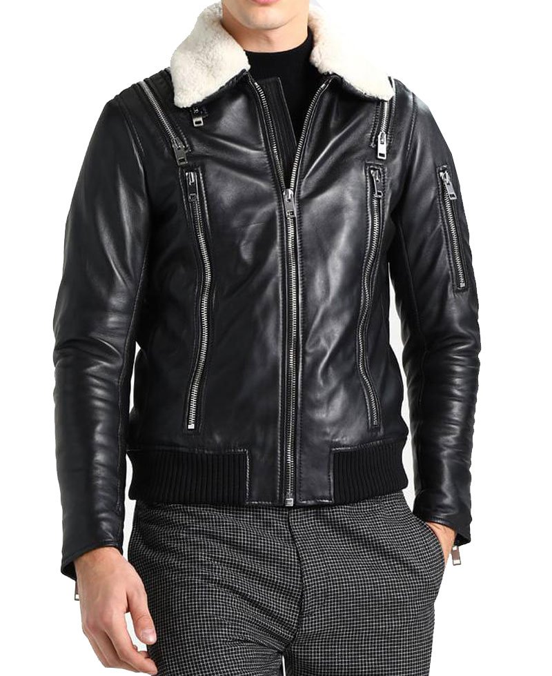 Men's FJM273 Motorcycle Zipper Design Black Leather Jacket