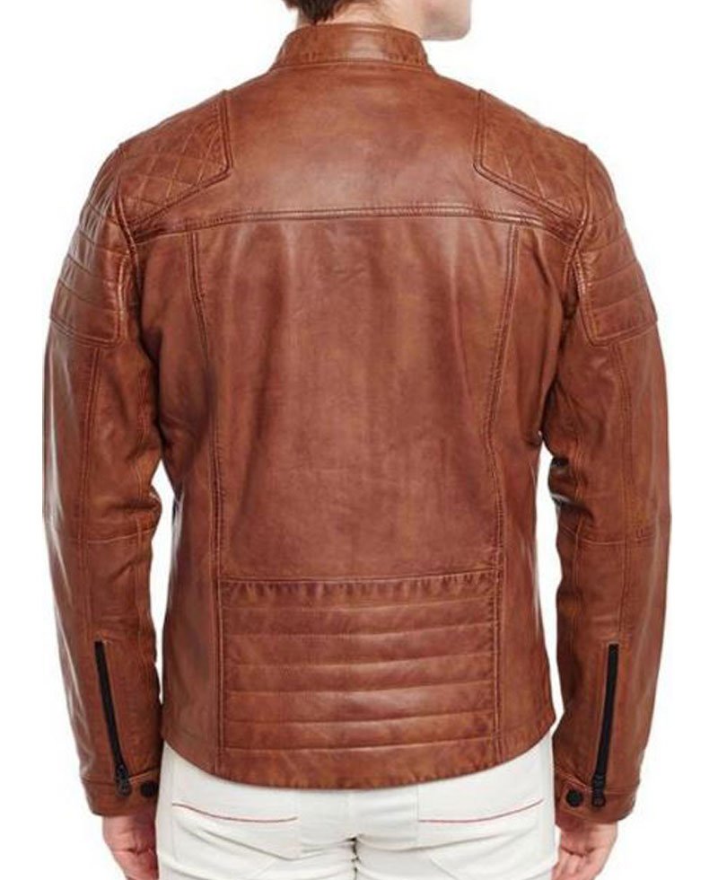 Men's FJM416 Biker Quilted Brown Leather Jacket