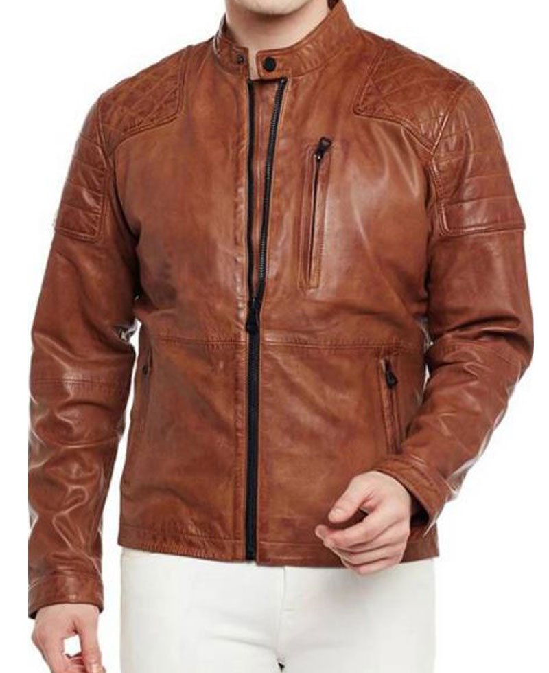 Men's FJM416 Biker Quilted Brown Leather Jacket