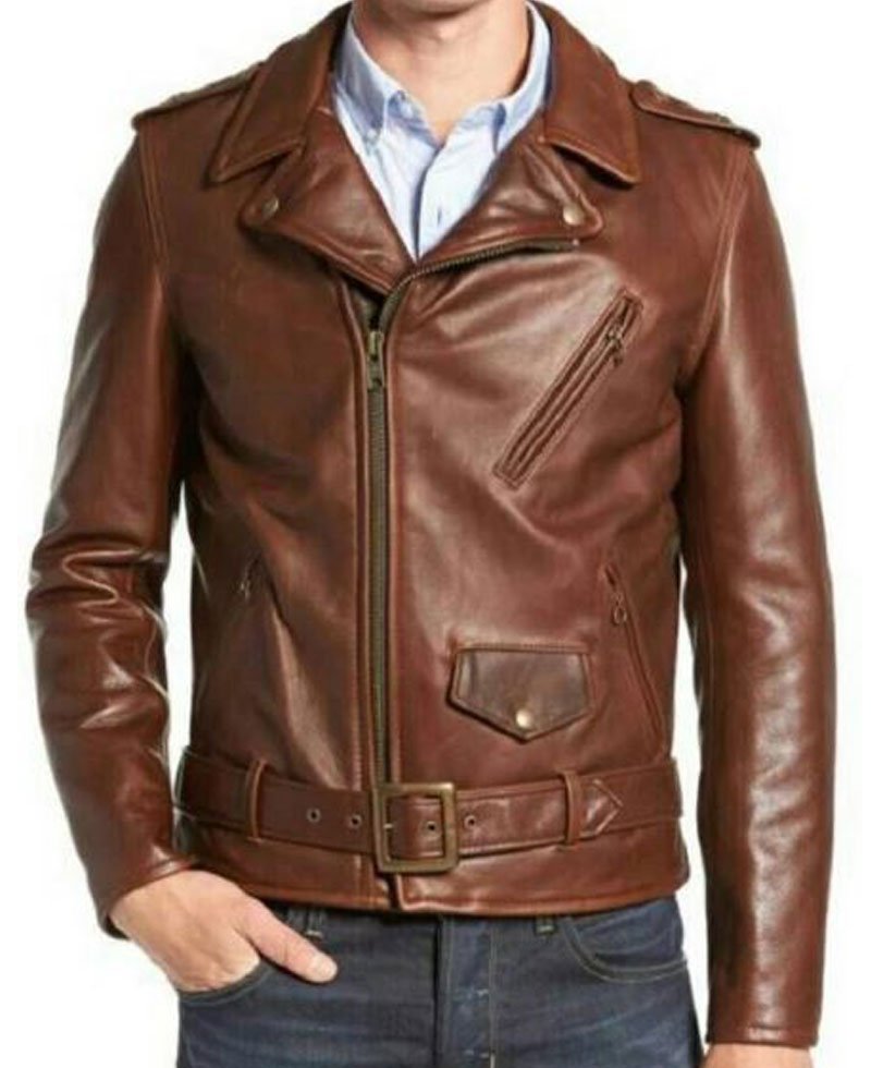 Men's FJM478 Biker Asymmetrical Belted Brown Leather Jacket