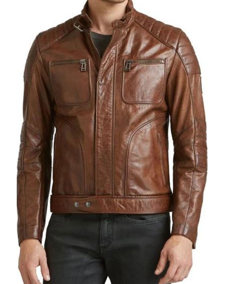 Men's FJM503 Brown Waxed Leather Biker Jacket